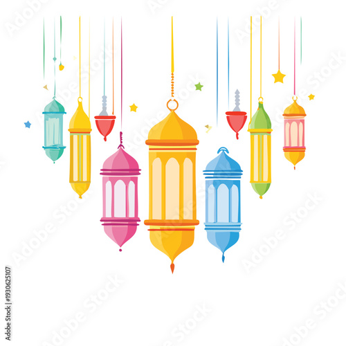 Colorful lanterns suspended against white background