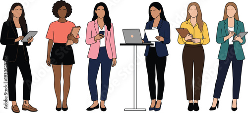 Diverse businesswomen using digital devices illustration showing modern professional women, office collaboration, communication technology, productivity and contemporary workplace lifestyle concept