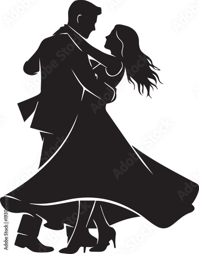 Dancing couple silhouette performing romantic waltz at wedding reception with flowing dress and elegant movement for party decor