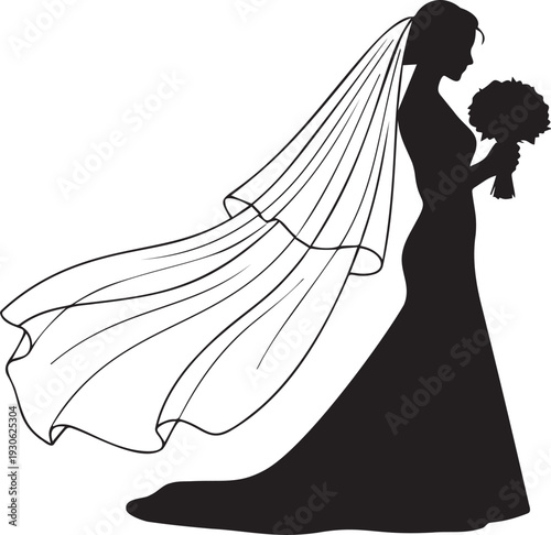 Wedding bride silhouette with long flowing veil and bouquet of flowers