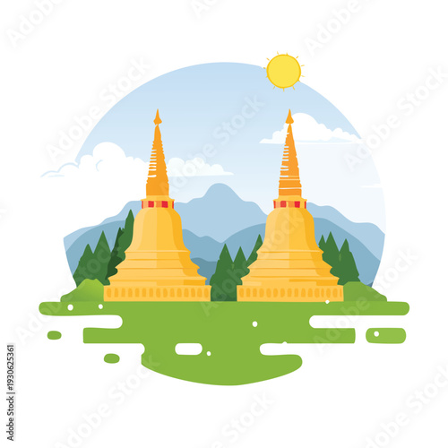 Cartoon illustration of golden pagodas in a scenic landscape