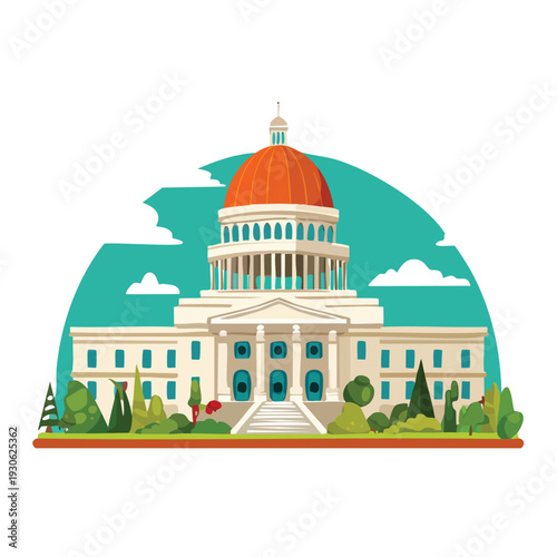 Cartoon illustration of a large government building with dome
