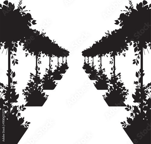 Garden pathway with arches covered in plants and flowers, outdoor wedding venue, romantic setting, black silhouette on transparent background