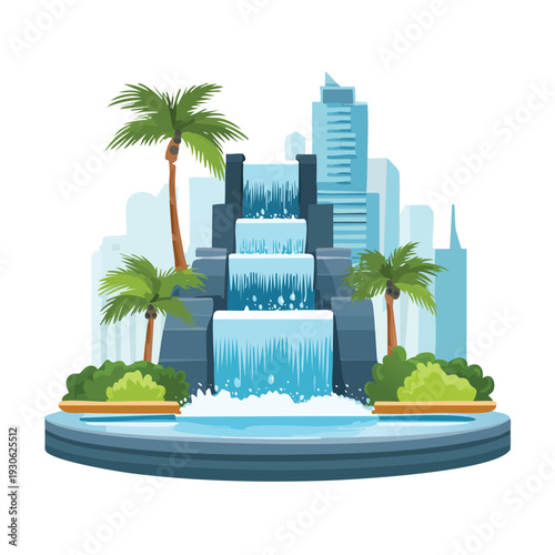 Cartoon waterfall fountain with palm trees and modern buildings