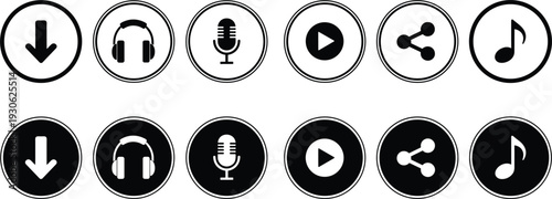 Multimedia interface icon set, music download play and share buttons, microphone and headphone symbols, web UI elements isolated on white,