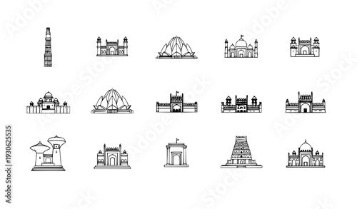 Indian Landmark Circular Minimal Fill Icons Set Heritage Architecture Vector