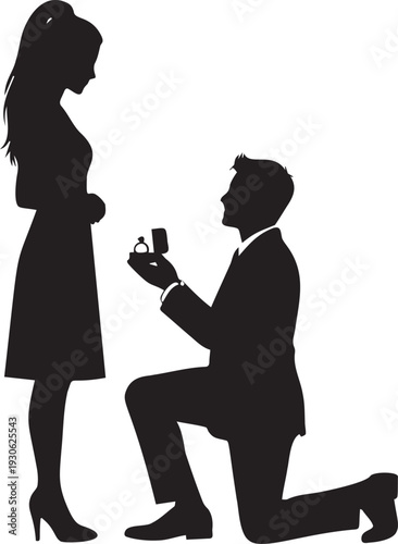 Silhouette of man proposing to woman kneeling down holding engagement ring box asking to marry him in romantic scene illustration