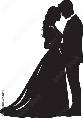 Silhouette of wedding couple standing face to face together husband and wife holding hands in romantic embrace on black background