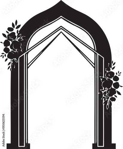 Classic arched wedding frame silhouette with decorative floral elements for marriage ceremony photography and event stage design