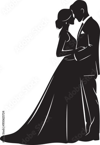 Romantic wedding couple silhouette bride and groom embracing tenderly sharing an intimate moment in love