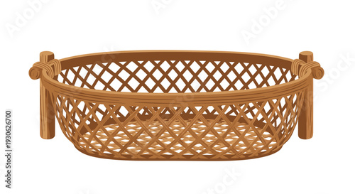 Shallow woven wooden basket with a wide oval shape and decorative rope handles on a clean white background for rustic storage.