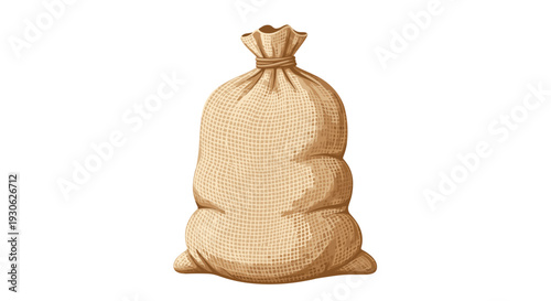 Large brown burlap sack tied tightly with a rope at the top is standing upright and isolated on a white background.