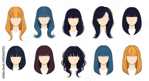 Collection of ten different female hairstyles in various colors and lengths from short bobs to long wavy hair on faceless avatars.