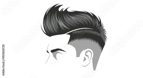 Profile view of a male head showing a modern pompadour haircut with a sharp fade and dark hair on a clean white background.