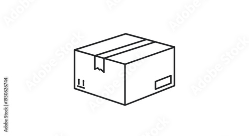 Clean black and white line drawing of a closed rectangular cardboard shipping box with packing tape and handling icons.