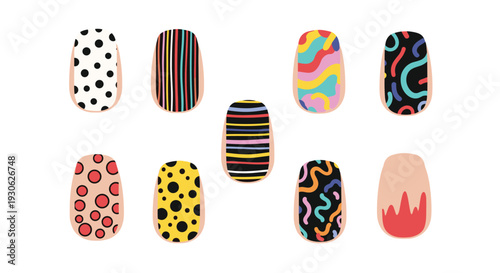 Set of ten fingernails displaying various creative nail art designs like polka dots stripes abstract waves and colorful patterns.