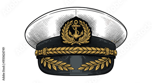 Detailed illustration of a white and black captain hat with a gold embroidered anchor emblem and laurel leaves on the brim.