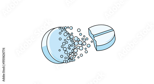 Conceptual illustration of a round light blue pill crumbling or breaking apart into many small spherical pieces on a white background.
