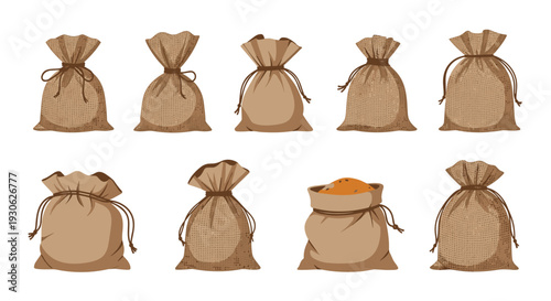 Assortment of nine different burlap sacks and cloth bags tied with ropes and filled with various agricultural products.