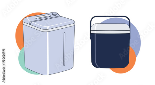 Small portable white washing machine and a dark blue cooler bag with a white lid are shown on a background of colorful shapes.