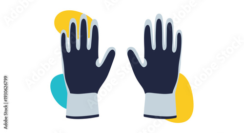 Pair of dark blue protective work gloves with grey wrist cuffs is set against yellow and teal abstract blobs on white.