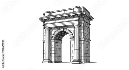 Architectural line drawing of a classical triumphal arch featuring grand columns and intricate stonework details in a historical monument style.