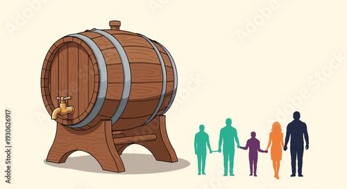 Large wooden barrel on a stand with a brass tap next to silhouettes of a family group in various colors against a cream background surface.