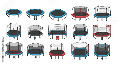 Large set of various trampoline designs including round and polygonal shapes with and without safety nets in blue and red color schemes.