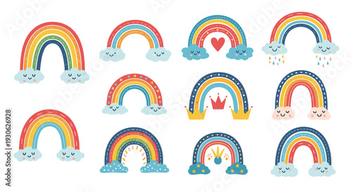 Set of twelve whimsical hand drawn rainbow icons featuring clouds with happy faces hearts stars and raindrops in soft pastel colors and art.