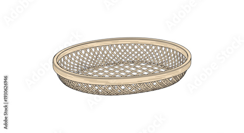 Detailed drawing of an oval woven wicker basket or bread tray featuring an intricate crisscross pattern on a plain white isolated background.