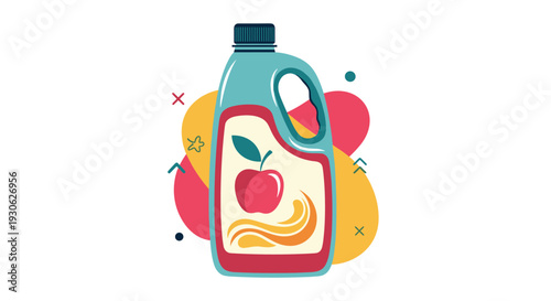Plastic jug of apple juice with a colorful label showing a red apple and liquid splash against an abstract background of organic fluid shapes.