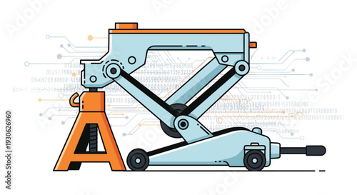 Technical flat illustration of a hydraulic floor jack supporting a vehicle with an orange jack stand for safety on a digital circuit background.