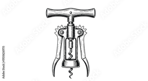 Detailed vintage style engraving of a metal wing corkscrew used for opening wine bottles shown in a centered front view on a white background.