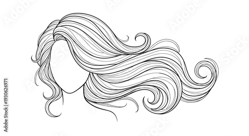 Elegant line art drawing of long flowing hair with graceful curves and swirls representing a feminine hairstyle or beauty and fashion concept.