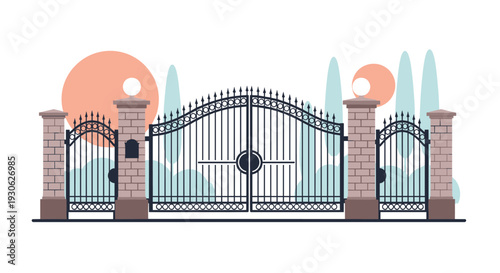 Grand entrance driveway gate made of black wrought iron with brick pillars and circular lamps against a background of trees and sunset scene.