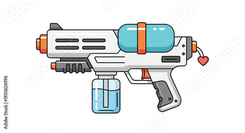 Colorful toy water gun illustration featuring a pressurized tank and transparent reservoir with a small heart detail at the rear handle part.