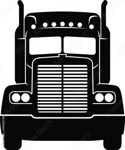Front view semi truck silhouette illustration representing heavy duty transport vehicle, logistics freight delivery and commercial trucking industry design