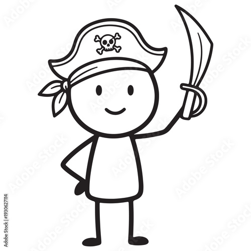 Happy Stick Figure Pirate Character with Skull Hat and Saber