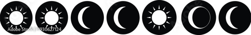 Set of celestial sun and moon phase icons in circular black silhouettes for astrology, weather, day night cycle, and vector,