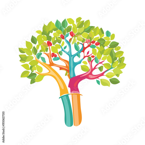 Colorful stylized tree illustration with vibrant branches and leaves