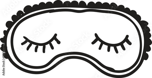 Hand drawn sleep mask with closed eyes and eyelashes simple black and white illustration