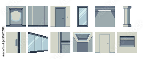 Pixel art architectural interior elements set with doors, elevator, windows, and columns for video game design, isolated on a white background