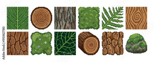 Pixel art set of natural textures and game assets featuring wood grain, tree bark, leaves, logs, stone, and mossy rocks in a retro 8-bit style, isolated on a white background