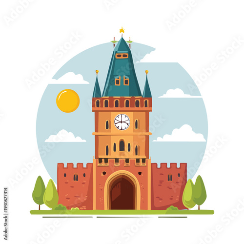 Cartoon illustration of a tall castle tower with clock and battlements