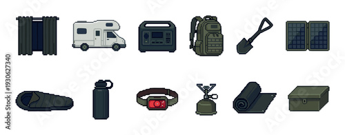 Survival and camping gear pixel art icon set with a camper van, solar panel, power station, and backpack for a retro 8-bit video game interface on white