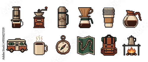 Pixel art icon set of coffee and camping gear featuring a grinder, press, thermos, map, and compass in a retro 8-bit video game style isolated on a white background