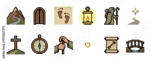 Set of pixel art journey icons for a fantasy adventure or pilgrimage, featuring a mountain, compass, lantern, cross, and wizard character, isolated on a white background