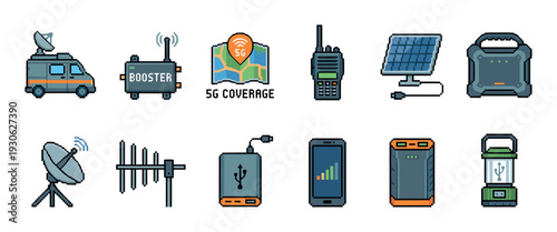 Pixel art icon set of communication technology and portable power devices including a satellite van, booster, radio, and solar panel, isolated on a white background