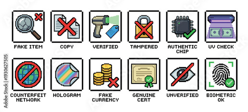 Set of pixel art icons representing authenticity and counterfeit detection concepts like verification, security, and fake items, displayed in a grid layout on a white background