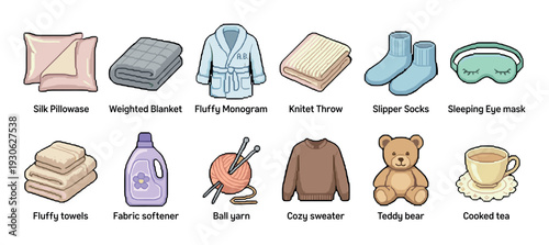 Collection of cozy comfort and relaxation icons including a blanket, sweater, and tea, illustrated in a simple cartoon style and isolated on a white background
